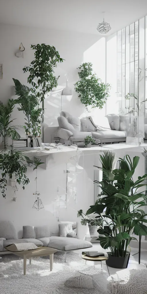 Prompt: a modern indoor room, clean architecture, pastel colored, baroque, a couch, a couch table, some fresh plants, full of insanely detailed spiderweb daylight, peaceful, 8 k, octane render