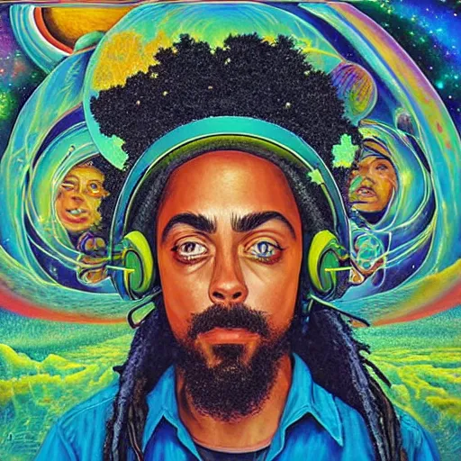 Prompt: a high hyper detailed painting with many complex textures of damian marley making music in the cosmos, cosmic surreal psychedelic magic realism spiritual ufo art