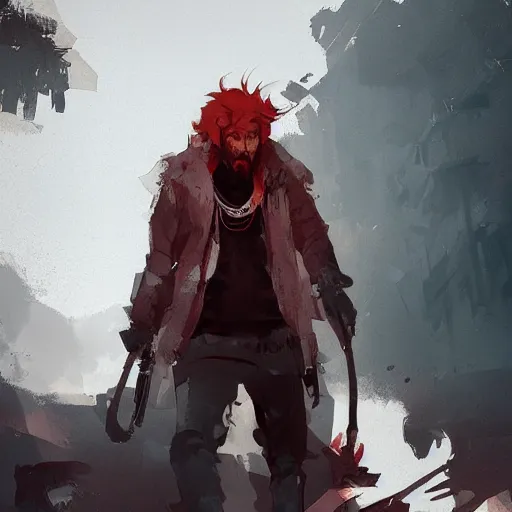 Image similar to human male character art, by Ismail Inceoglu, red hair, red beard, sunken eyes, shabby leather clothes, necklace, digital art, dungeons and dragons, art