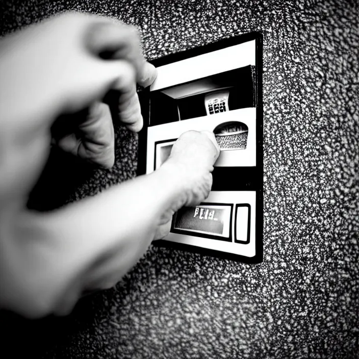 Image similar to a closeup of a hand inserting a card into a slot in an atm in a black - tiled wall. black and white, pencil and ink. by gabriel hardman, joe alves, chris bonura. cinematic atmosphere, detailed and intricate, perfect anatomy