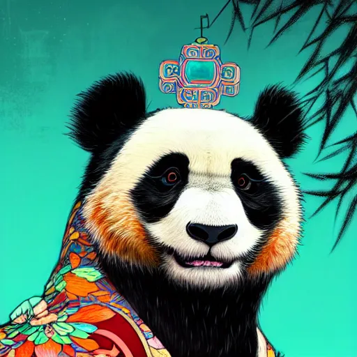 Image similar to a beautiful hyperdetailed character design 4 k wallpaper illustration of a cute panda with a chinese lion dance head victo ngai cyberpunk style, from china, style of studio ghibli, makoto shinkai, raphael lacoste, louis comfort tiffany, artgerm, james jean, ross tran, chinese style