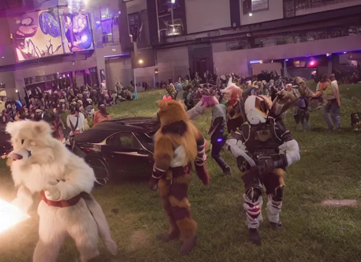 Prompt: mass shooting at a furry convention, epic movie shot, cinematic, volumetric lighting