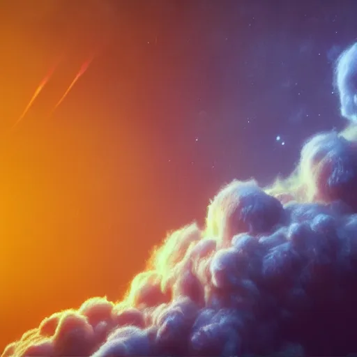 Prompt: promotional movie still, view of alien gas clouds, extreme fluffy clouds, colors, 3 d, digital art, octane 3 d render, ue 5, realism, cinematic, imax 7 0 mm.