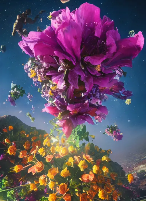 Image similar to An epic fantastic realism comic book style painting of the most beautiful flowers launched into space, bouquets, fisheye lens, unreal 5, DAZ, hyperrealistic, octane render, dynamic lighting