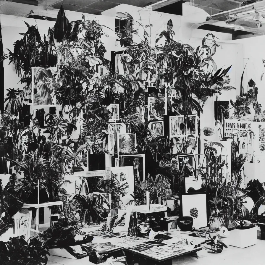 Image similar to A black and white photography of an exhibition space with objects of Sun Ra, Marcel Duchamp and tropical plants, 60s, offset lithography print, newspaper, distant shot