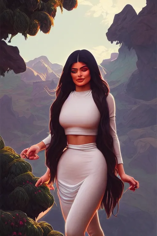 Image similar to clear portrait of kylie jenner, cottagecore!!, background hyper detailed, character concept, full body, dynamic pose, elegant, intricate, highly detailed, digital painting, artstation, concept art, smooth, sharp focus, illustration, art by artgerm and greg rutkowski and alphonse mucha