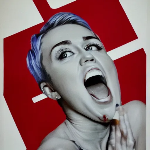 Image similar to propaganda poster, miley cyrus, close up, portrait, shouting