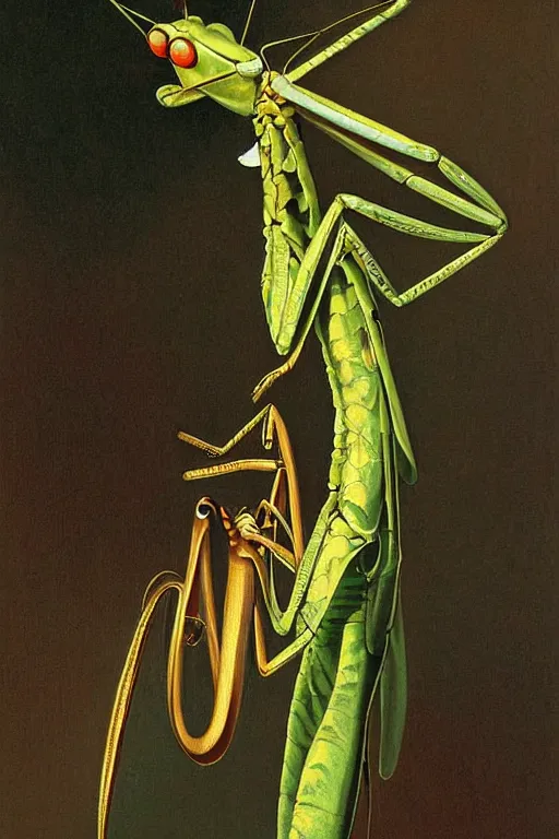 Prompt: praying mantis on saxaphone, by pierre - joseph redoute