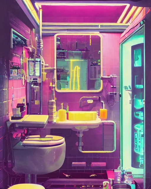 Image similar to IKEA catalogue photo of a cyberpunk bathroom, by Paul Lehr