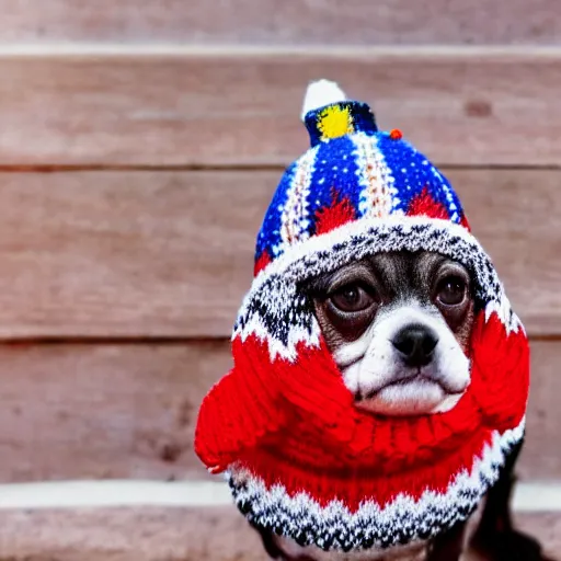 Prompt: a small dog wearing a red and white knitted hat, a stock photo by master of the bambino vispo, shutterstock contest winner, rasquache, stock photo, made of beads and yarn, stockphoto