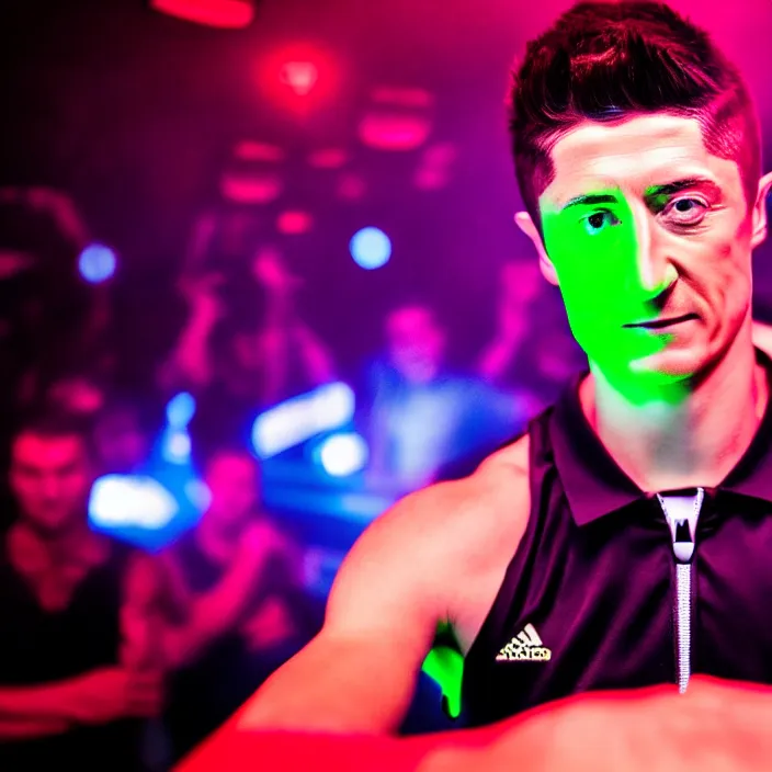 Image similar to robert lewandowski as a dj in the club, photorealiscic face, darc bacgroud, lasers