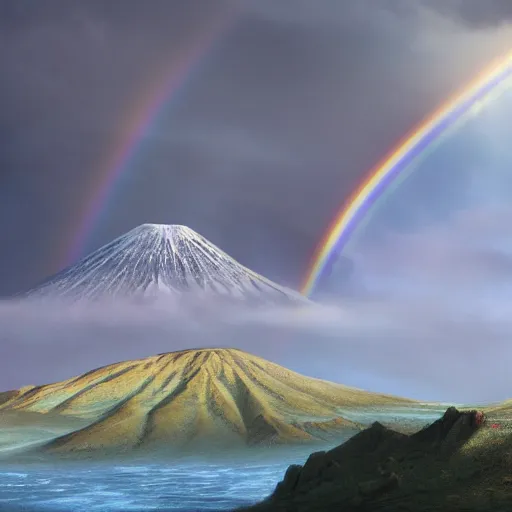 Prompt: a detailed matte painting of noah's ark, double rainbow in a clear blue sky, mount ararat far away in the background, art by artgerm and greg rutkowski and alphonse muchan, cosmic, heavenly, god rays, intricate detail, cinematic, 8 k, cel shaded, unreal engine, featured on artstation, pixiv