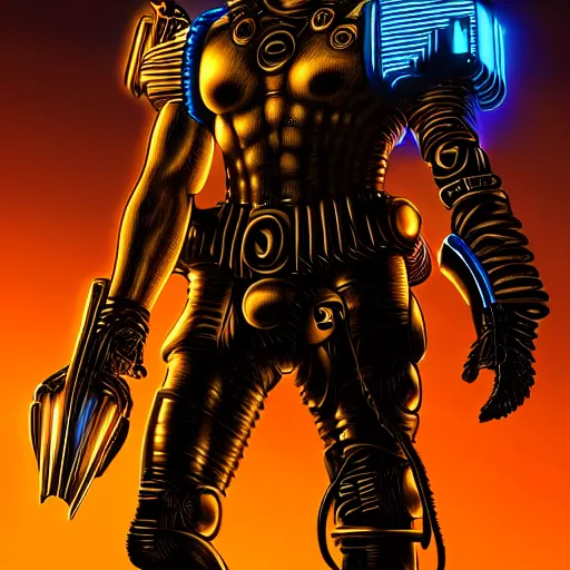 Image similar to Cyberpunk Warrior God ready for war, atmospheric lighting, painted, intricate, golden hour, ultra detailed by Rob liefeld