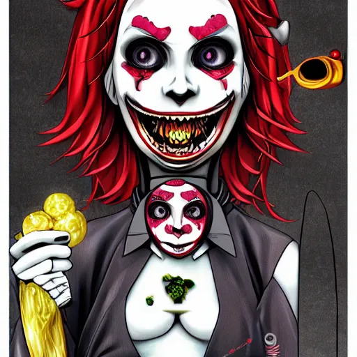 Prompt: portrait of a anime manga happy smiley Joker girl skull face detailed highres 4k by Trevor Brown pop art nouveau