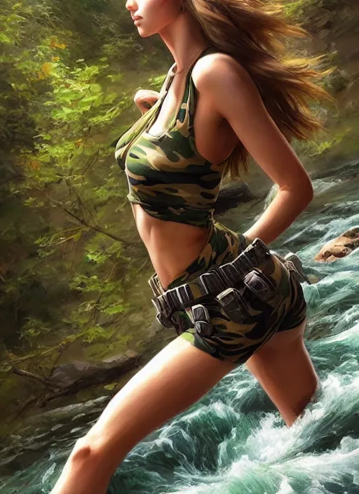 Image similar to photo of a gorgeous young woman with camouflage , climbing a river in the style of stefan kostic, realistic, sharp focus, 8k high definition, insanely detailed, intricate, elegant, art by stanley lau and artgerm