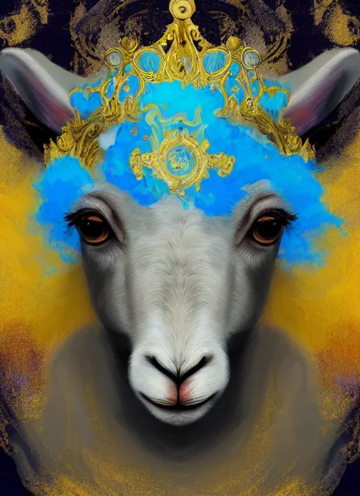 Image similar to a painting of a lamb's face with blue and yellow smoke coming out of, wearing an ornate crown, a digital painting by petros afshar, behance contest winner, digital art, behance hd, digital illustration, digital painting