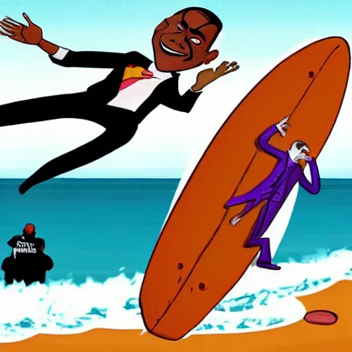 Image similar to surfing barack obama as mr. bean as the joker from batman, surfing still from batman vs bean at the beach, 2 0 2 0