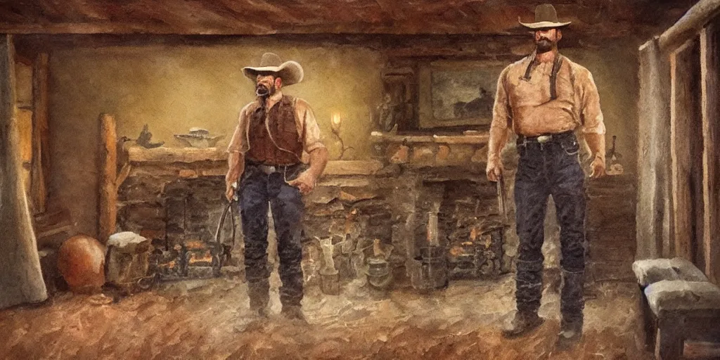 Prompt: in an old west cabin, close up shot a rugged, Dave Bautista cowboy standing (alone) at his fireplace, in the style of Fredrick Remington, oil painting