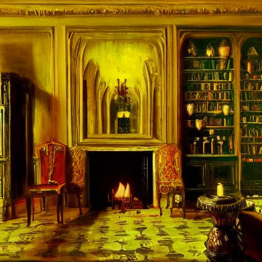 Prompt: grimshaw painting, vampire, candles, mansion, dim room, fireplace, gothic.