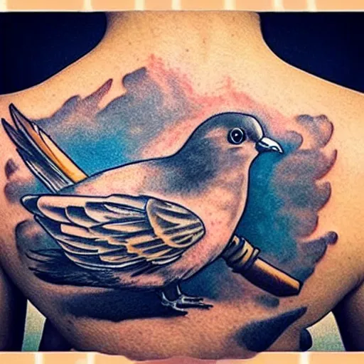 Prompt: “a badass tattoo of a pigeon smoking a cigar”