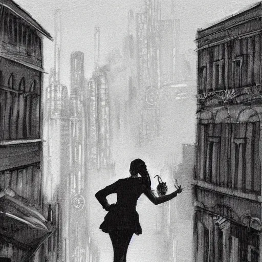 Image similar to woman, city, looking down, street top view, by rossdraws, enoch bolles