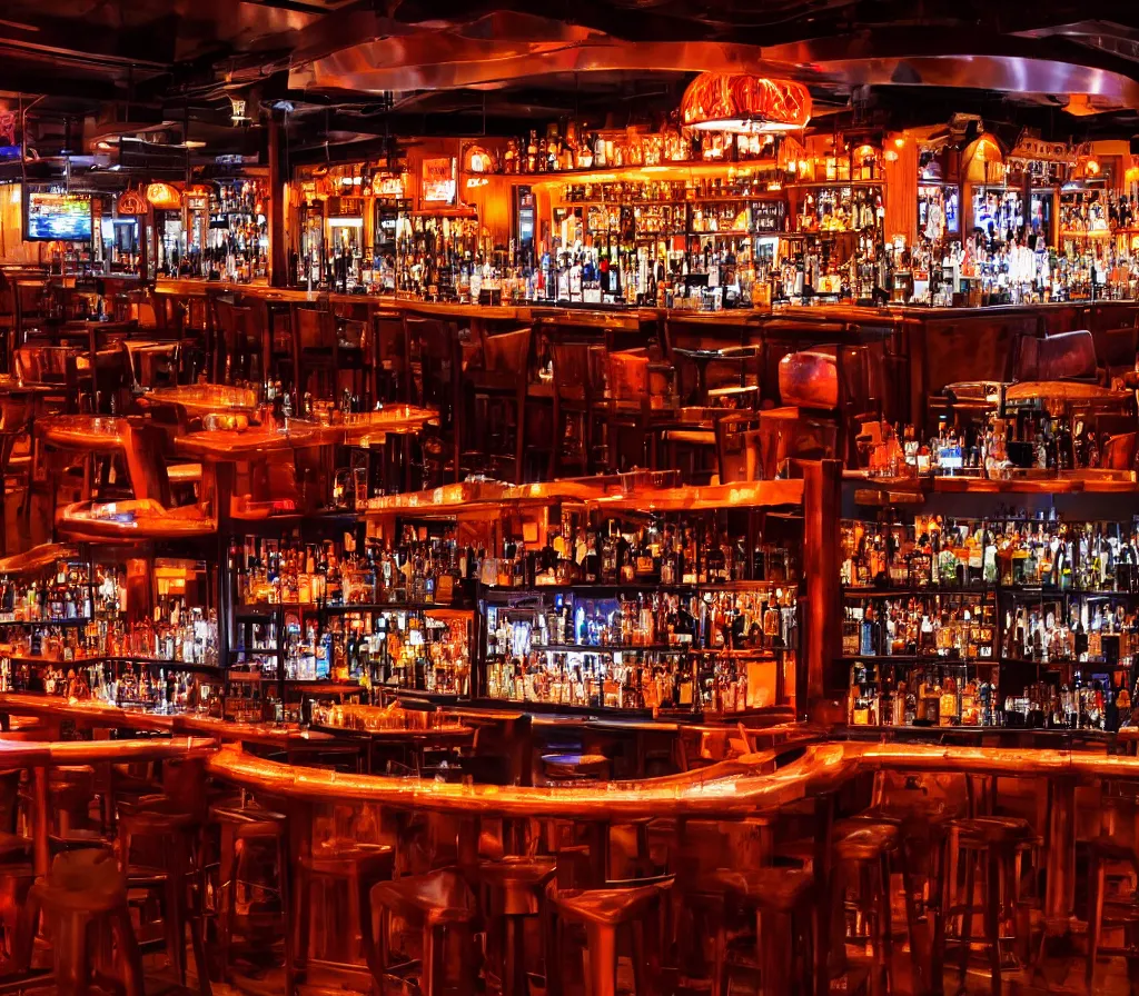 Image similar to a full shot of an entire bar restaurant with orange lighting, nighttime