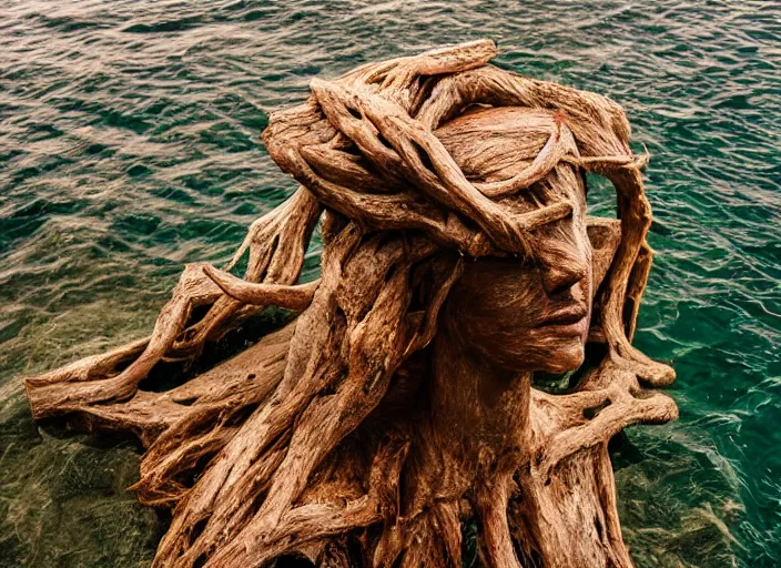 Image similar to dslr esculpture made from roots interwovem in the shape of a woman in the bottom of the sea, 8 5 mm f 1. 8