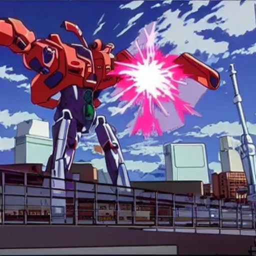 Image similar to giant evangelion robot destroying a futuristic city, anime