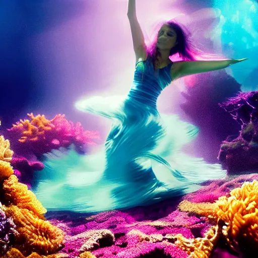 Image similar to woman dancing underwater wearing a flowing dress made of blue, magenta, and yellow seaweed, delicate coral sea bottom, swirling silver fish, swirling smoke shapes, octane render, caustics lighting from above, cinematic