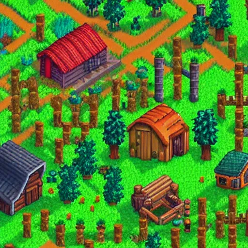 Image similar to an isometric render of a village, farm game, medieval, forest, stardew valley