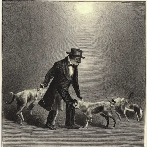 Prompt: a gentleman pig in a tuxedo, leading wild dogs on a leash, creepy, chiaroscuro, dark night, illustration by Gustave Doré,