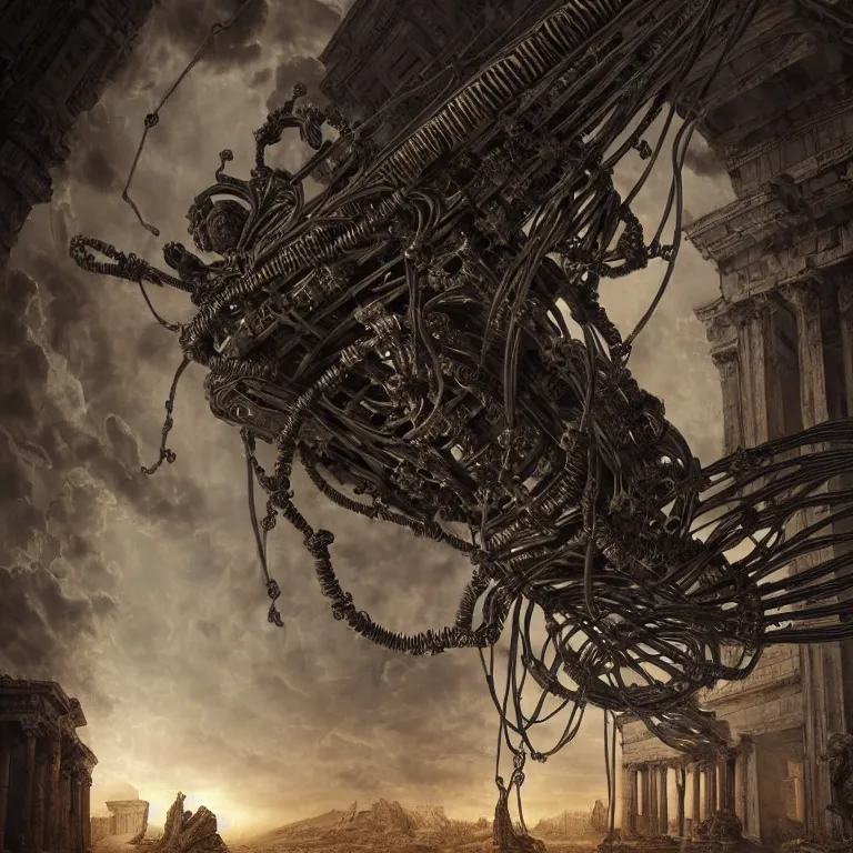 Prompt: ancient greek spine spinal statue covered with wires, surreal abandoned buildings, dark dramatic clouds with columns of light, dream-like heavy atmosphere, baroque painting, beautiful detailed intricate insanely detailed octane render trending on Artstation, 8K artistic photography, photorealistic, dramatic volumetric cinematic light, chiaroscuro, Raphael, Caravaggio, Beksinski, Giger