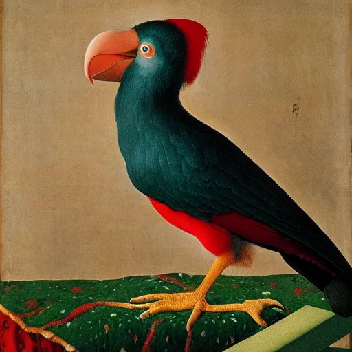 Image similar to portrait of a dramatic parot suffering, painting by Jan van Eyck, Audubon, Rene Magritte, Agnes pelton, max ersent, Walton ford,