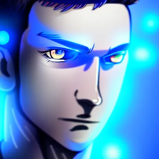 Image similar to a highly detailed portrait of a man with navy blue hair and blue glowing eyes, blue transparent cubes in backround, high detail clothing, concept art, anime, artstation, professional drawing