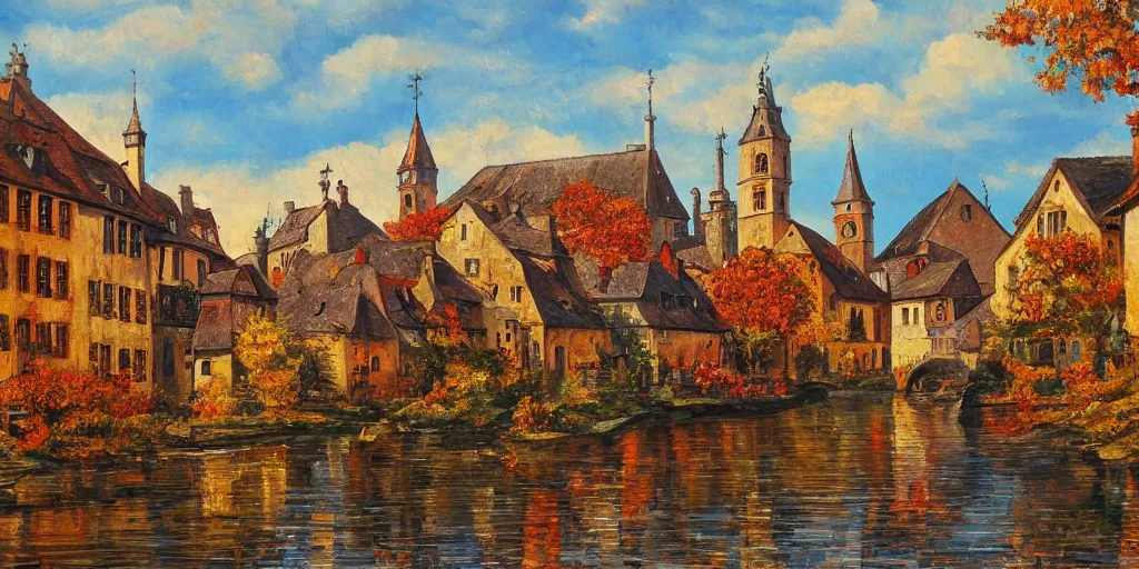 Image similar to a middle european medieval town during autumn, painting, beautiful, award winning masterpiece