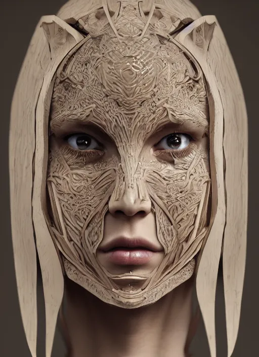 Image similar to sculpture made of wood, portrait, female, future, shaman, harper's bazaar, vogue, magazine, intricate, concept art, close up, ornate, luxury, elite, elegant, trending on artstation, by ruan jia, by Kenneth Willardt, by ross tran, by WLOP, by Andrei Riabovitchev,