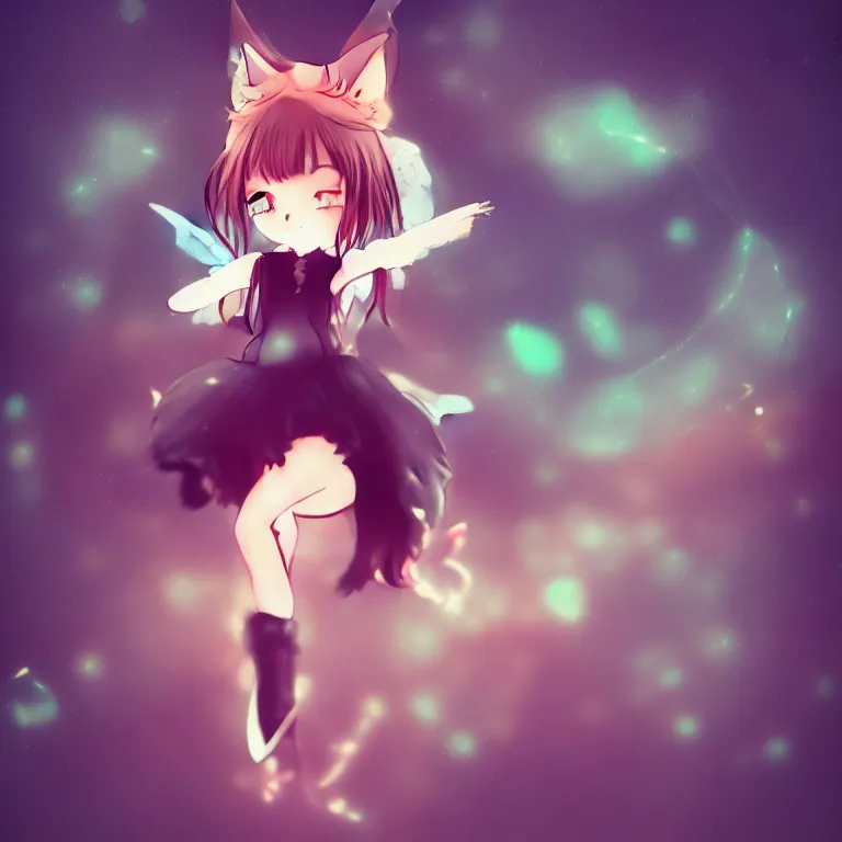 Image similar to cute, full body, female, anime style, a cat girl with fairy wings, large eyes, beautiful lighting, sharp focus, simple background, creative, heart effects, filters applied, illustration