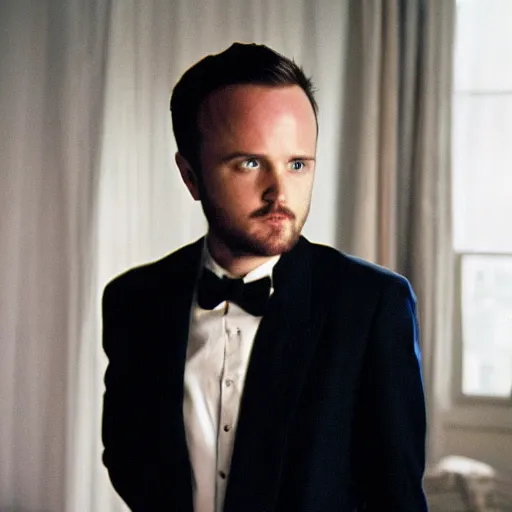 Image similar to color 35mm film still of young skinny Aaron Paul dressing elegantly, figure portrait