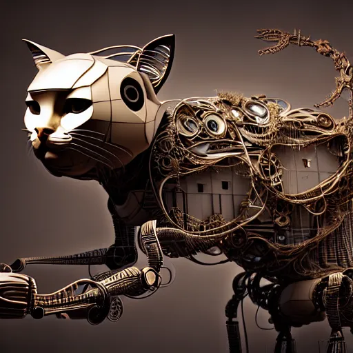 Prompt: A photorealistic 3d render of a robot cat made of circuits wide view shot by ellen jewett , tomasz alen kopera and Justin Gerard symmetrical features, ominous, magical realism, texture, intricate, ornate, royally decorated, android format, windows, many doors, roofs, complete house , whirling smoke, embers, red adornments, red torn fabric, radiant colors, fantasy, trending on artstation, volumetric lighting, micro details, 3d sculpture, ray tracing, 8k