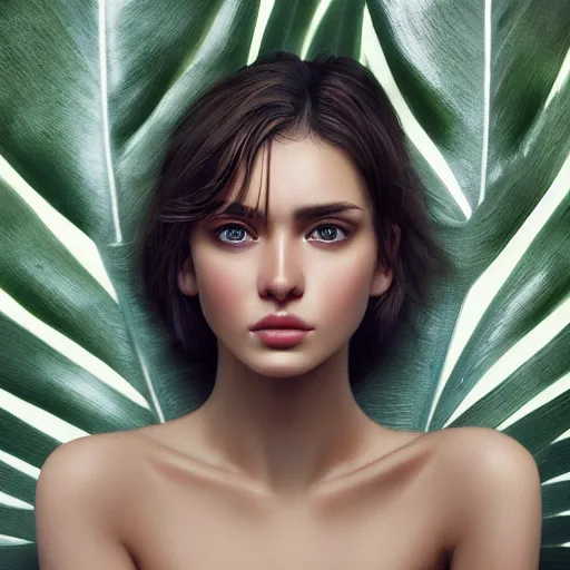 Image similar to gorgeous female photo, professionally retouched, soft lighting, chest covered with palm leaves, realistic, smooth face, perfect eyes, wide angle, sharp focus on eyes, 8 k high definition, insanely detailed, intricate, elegant, oil painting art by omar ortiz