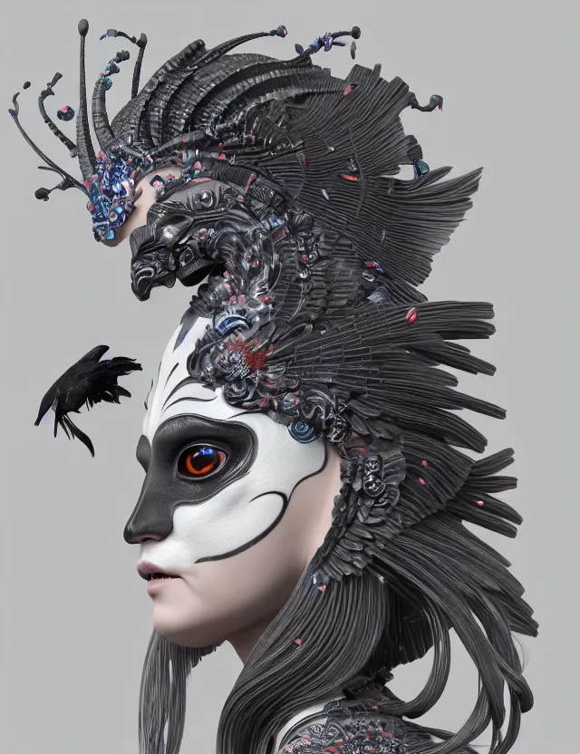 Image similar to 3 d goddess close - up profile portrait biomechanics with ram skull. beautiful intricately detailed japanese crow kitsune mask and clasical japanese kimono. betta fish, jellyfish phoenix, bio luminescent, plasma, ice, water, wind, creature, artwork by tooth wu and wlop and beeple and greg rutkowski