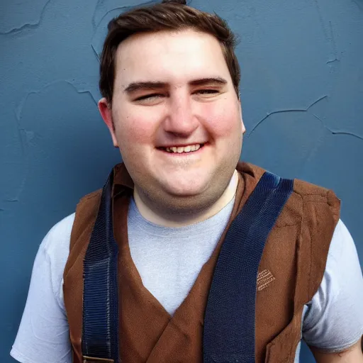 Image similar to clean-shaven (pudgy) british lad with short curly dark brown hair as a hobbit wearing a white men's crossbody sling chest bag and blue vest