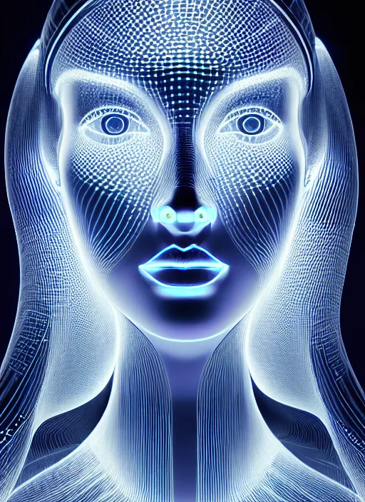 Prompt: ( isometric view, beautiful woman queen chess piece ( top bioluminescence ) ( bottom parametric ) ), beautiful face, reflection of led lights, algorithmic, intricate detail, futuristic, very detailed, highly detailed background, sharpfocus, photorealism, soft diffuse autumn lights, some sun light ray, dark room wall, canon 5 d 5 0 mm lens