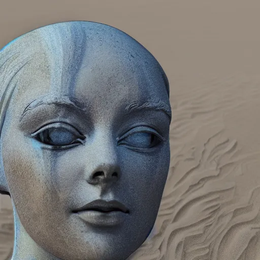 Image similar to the head of a marble cybernetic lady justice statue wearing a virtual reality headset on ground covered in sand, cyberpunk background, highly detailed, epic lighting, hyper photorealism, 8 k