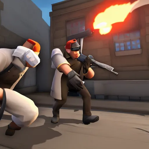 Image similar to Team Fortress 2 screenshot with Heavy eating Scout while Medic laughs