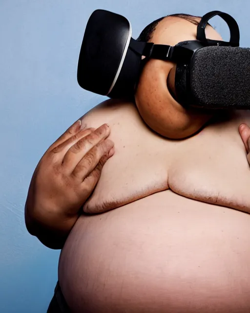 Image similar to Studio Photograph of a real life Super morbidly obese 800 pound American teenager Fat Albert wearing VR goggles in the Style of Annie Leibovitz,