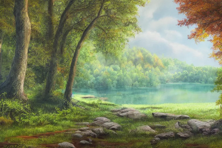 Prompt: landscape painting, forest lake, hd 8 k photorealism