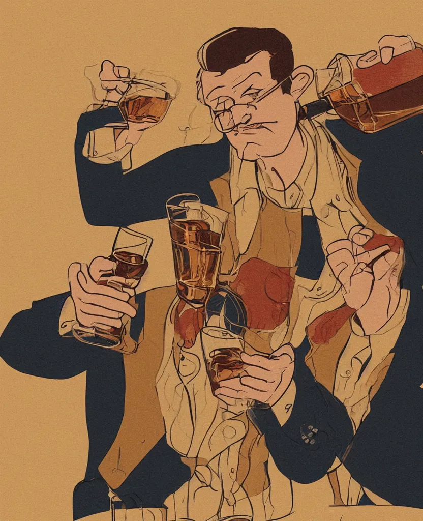 Prompt: man drinking whiskey on birthday, highly detailed 2 d illustration in matte colors, artwork by disney studio