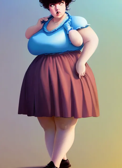 Image similar to full body portrait of teenage betty cooper, obese, bangs, sultry, realistic, sultry smirk, ponytail hairstyle, fluffy bangs, curly bangs, sky blue skirt, fat, belly, intricate, elegant, highly detailed, digital painting, artstation, concept art, smooth, sharp focus, illustration, art by wlop, mars ravelo and greg rutkowski