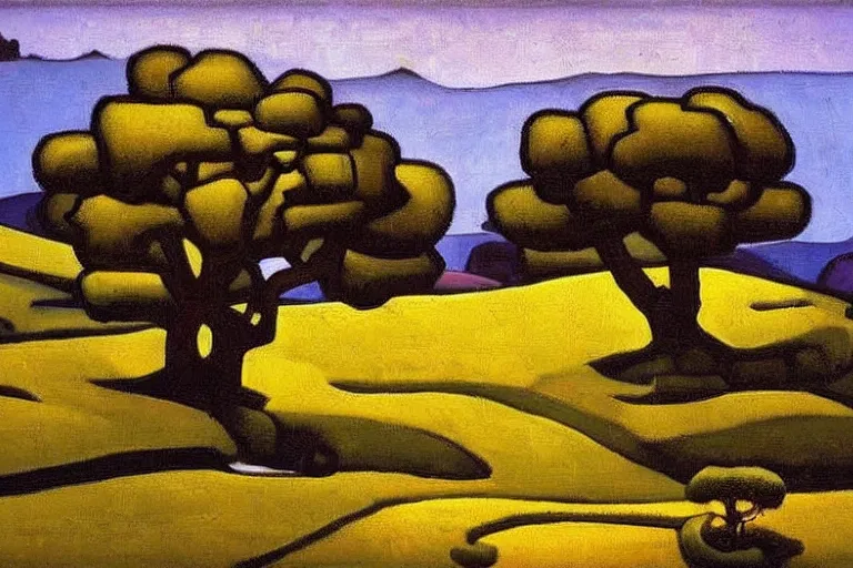 Image similar to masterpiece painting of oak trees on a hillside overlooking a creek, dramatic lighting, by nicholas roerich